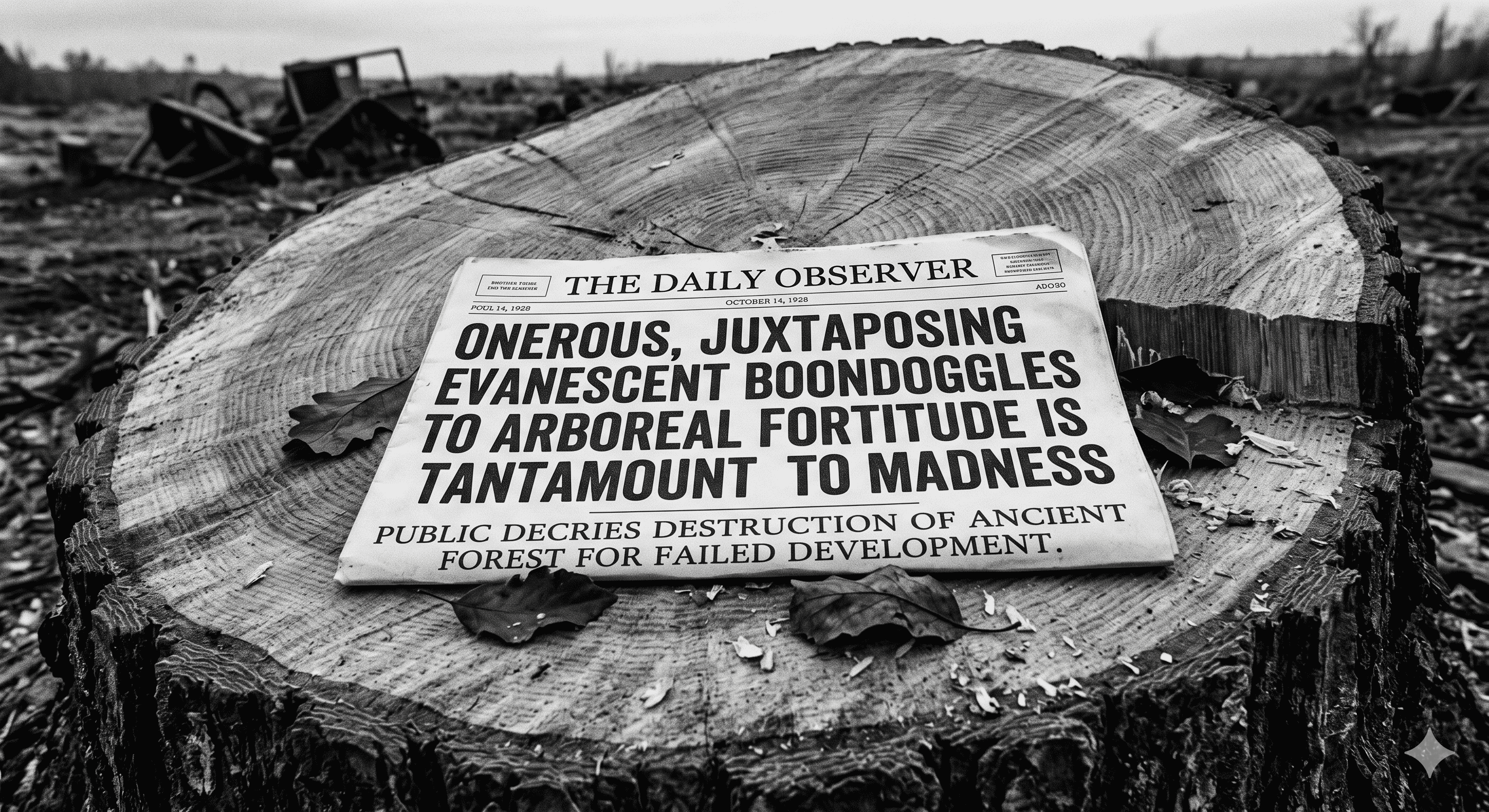 Onerous juxtaposing of evanescent boondoggles to arboreal fortitude is tantamount to madness.